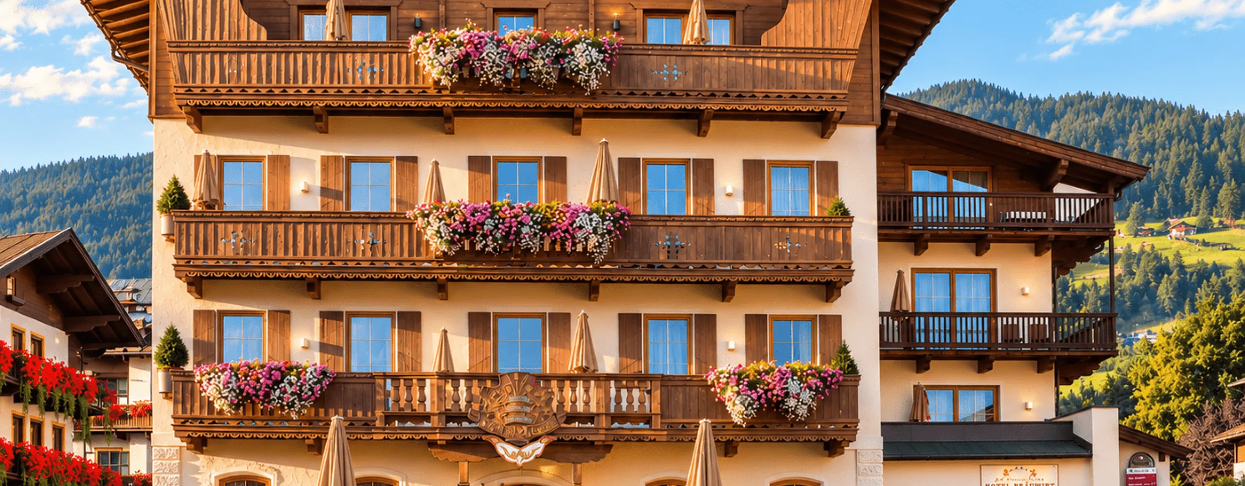 Sommeransicht eines Hotels mit Blumenschmuck