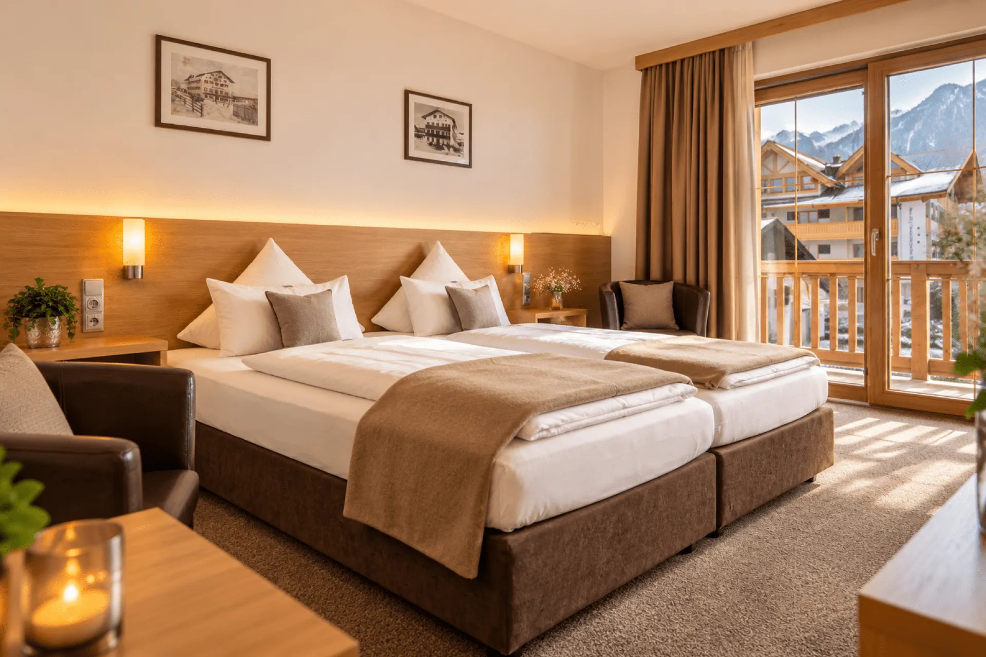 Helles Hotelzimmer mit zwei Betten, Blick auf Berge