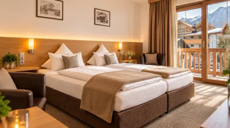 Helles Hotelzimmer mit zwei Betten und Aussicht auf die Berge