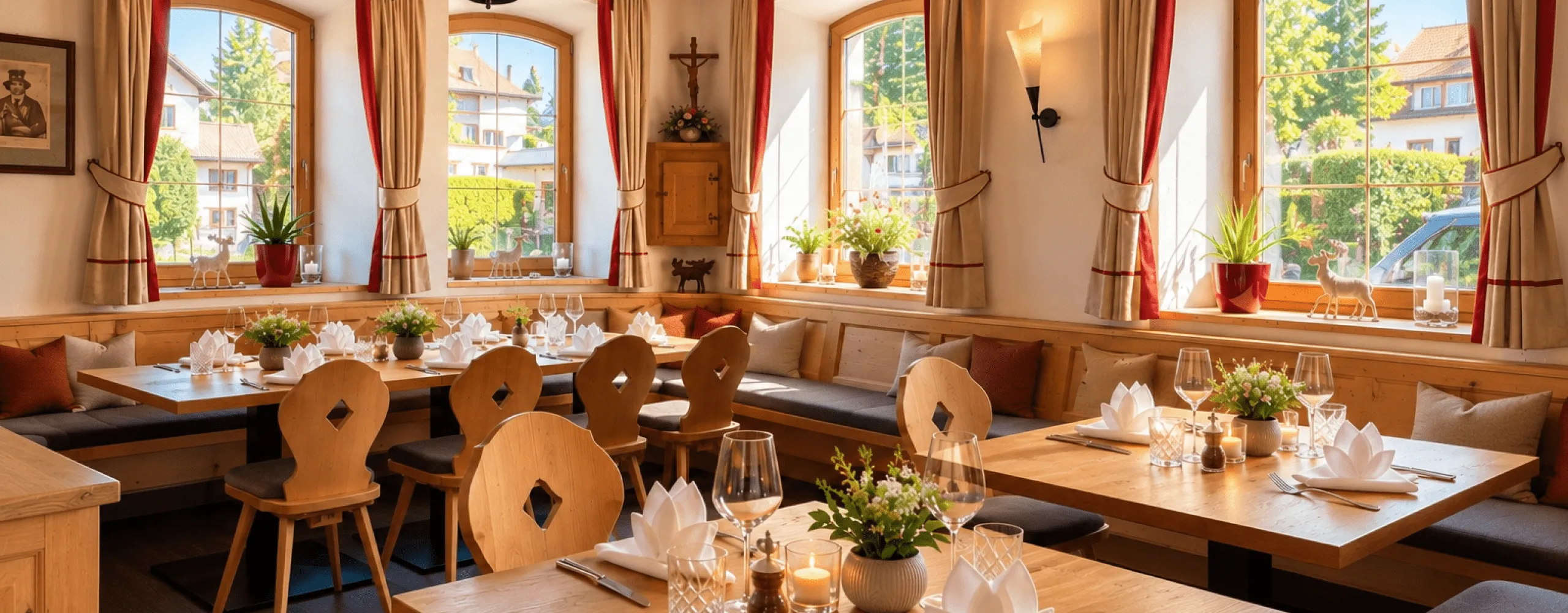 Gemütliches Restaurant mit Holzgesch furniture und Fenstern.
