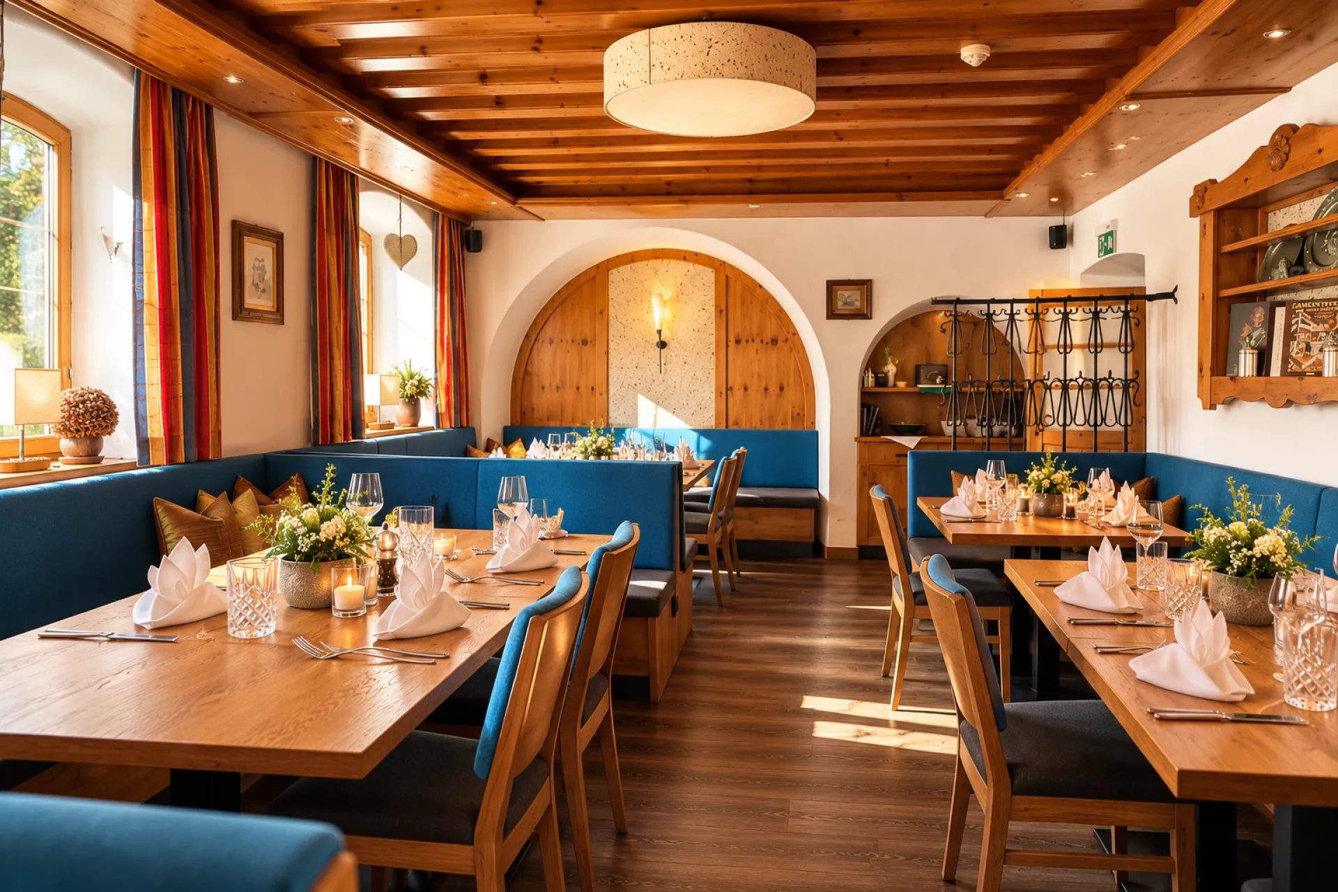 Gemütliches Restaurant mit Tischen und Holzelementen