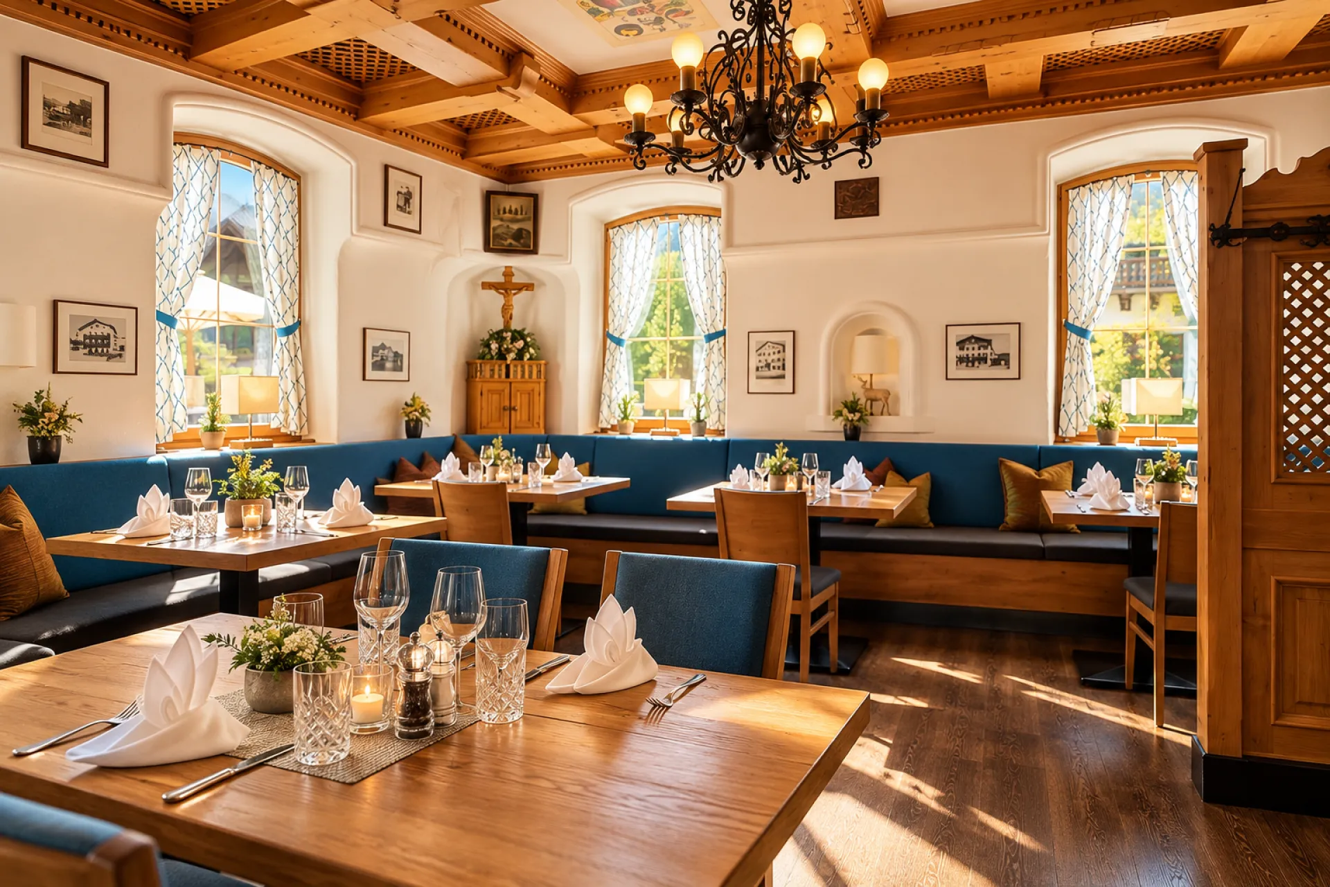 Gemütliches Restaurant mit Holzdekor und eleganten Tischen