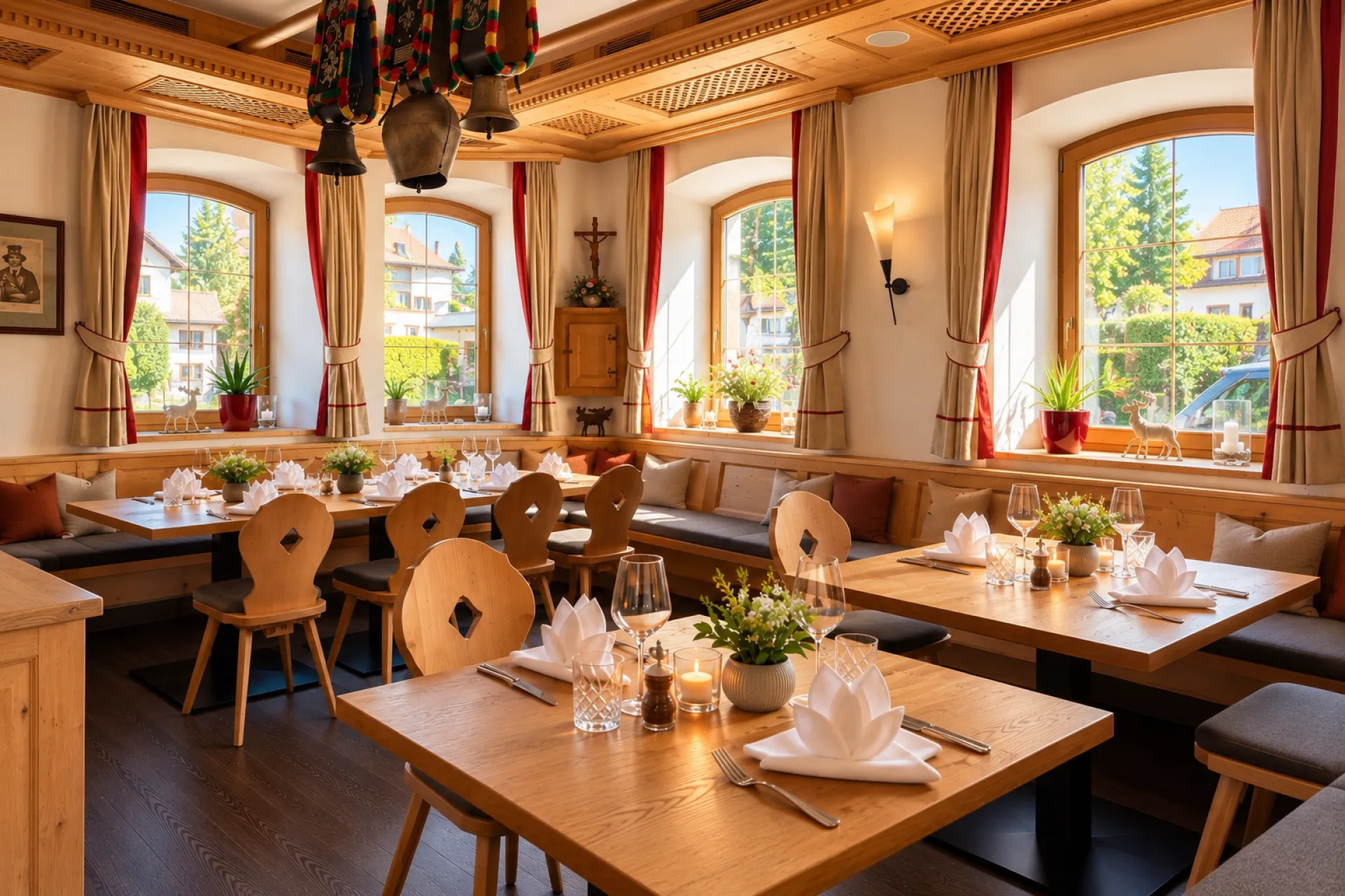 Helle Gaststube mit Holzmöbeln und Tischdekoration