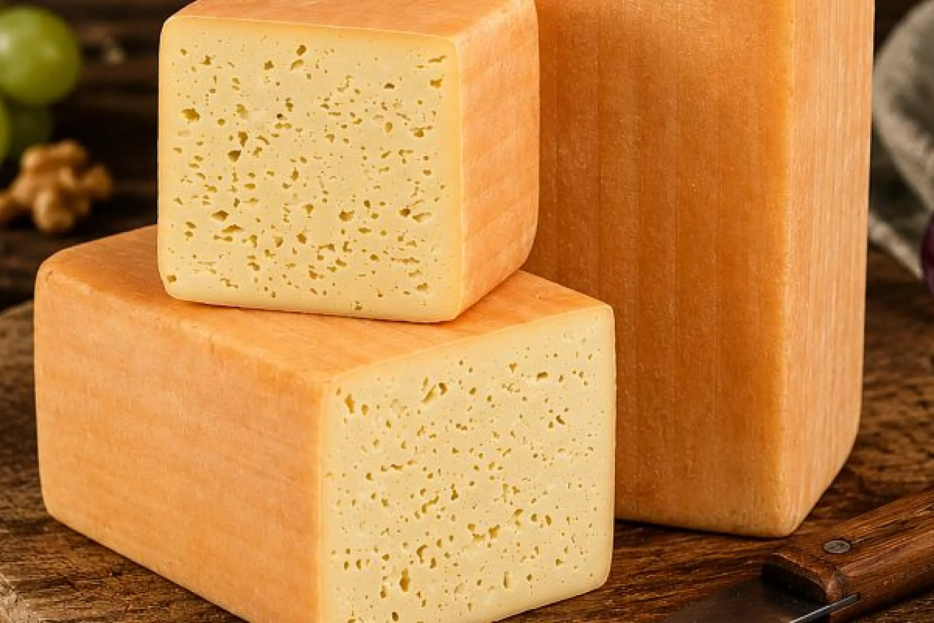 Drei Käsewürfel Tilsiter mit Trauben und Nüssen.