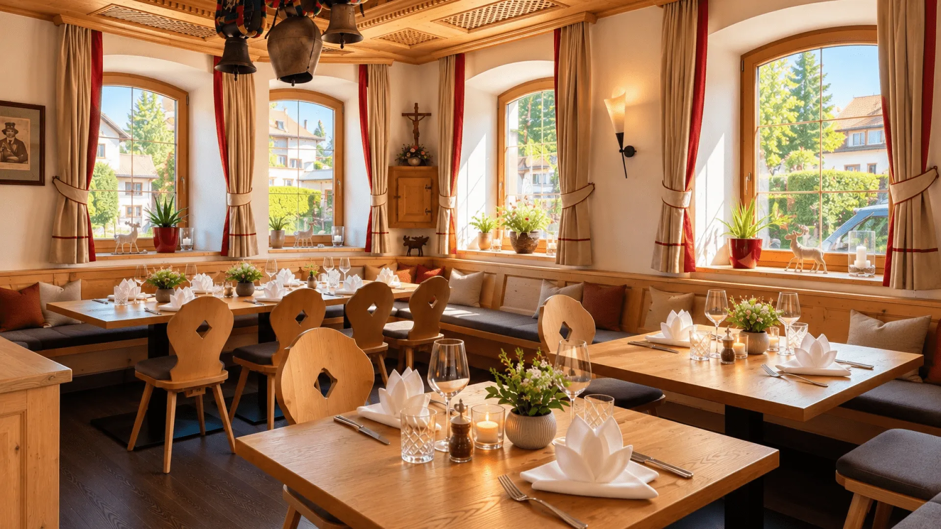 Gemütliche Gaststube mit Tischen und Fenstern zur Straße.