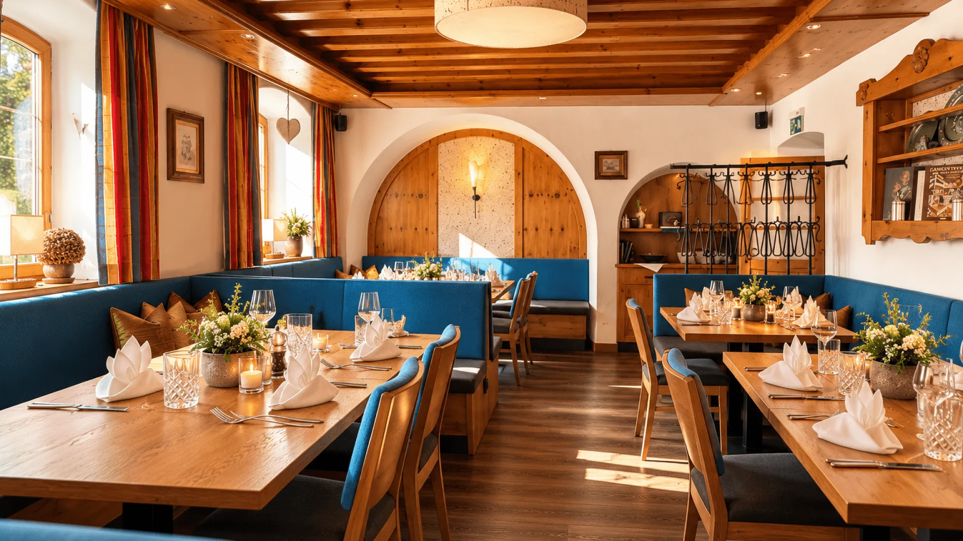 Innenansicht eines stilvollen Restaurants mit Holzmöbeln