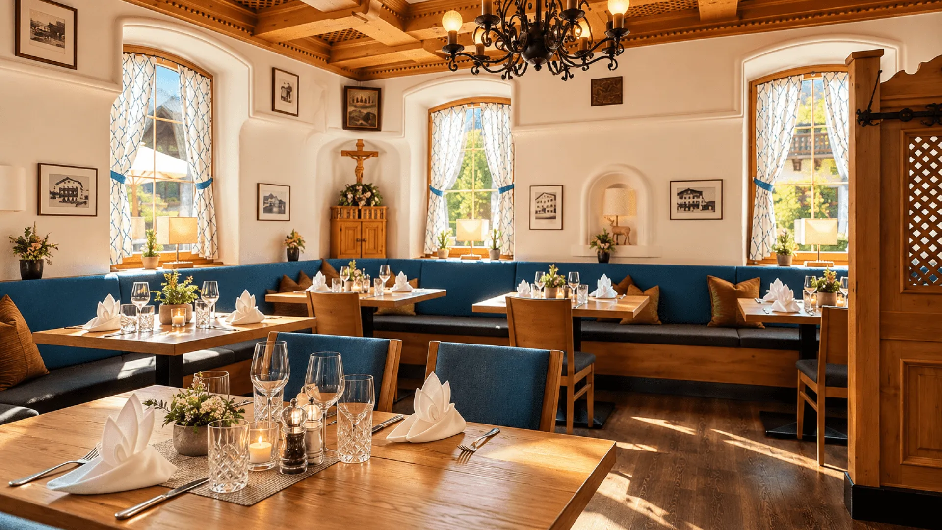 Gemütliches Restaurant mit blauen Sitzen und Holztischen